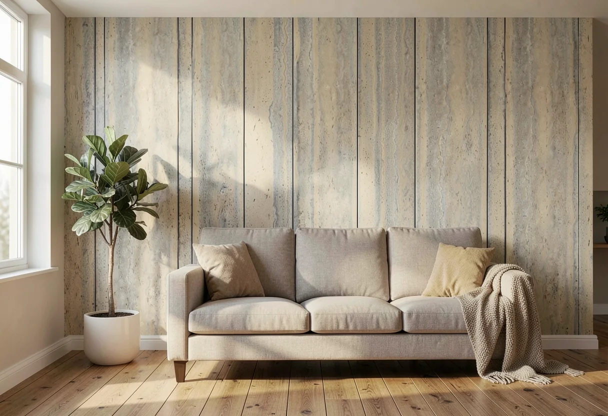 Греческий травертин FOMI-GREECE-TRAVERTINE-KAMU-GREY в интерьере